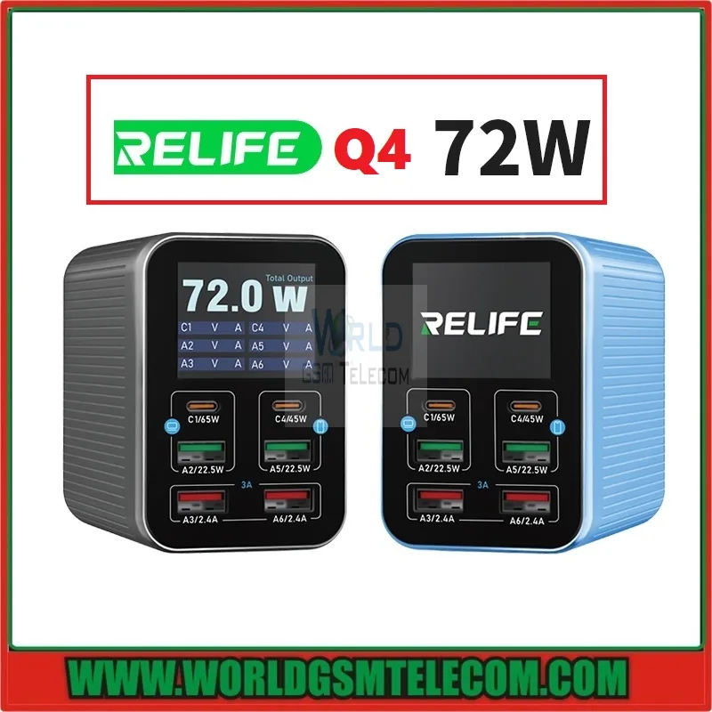 Relife Q4 72W 6-Port Dual PD + QC Smart Color Screen Fast Charger with Smart Sleep Mode
