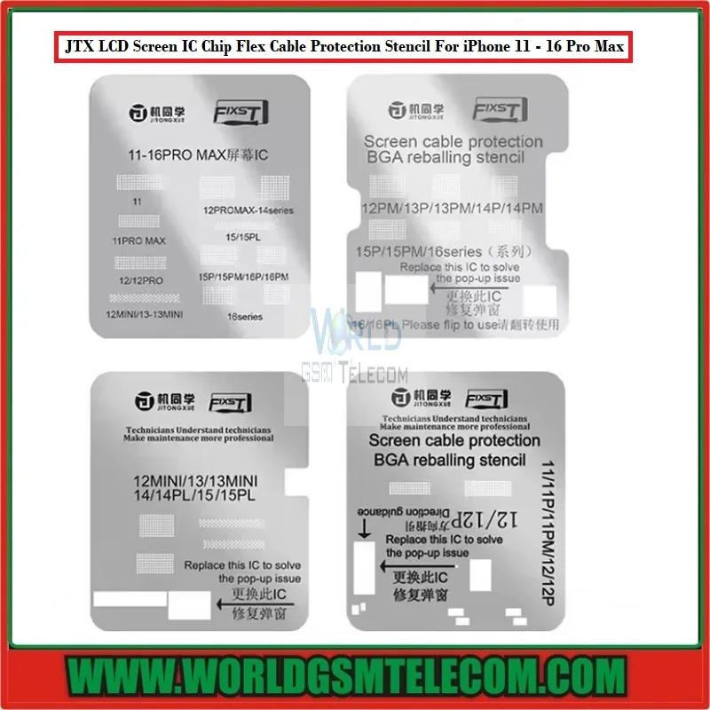 JTX LCD Screen IC Chip Flex Cable Protection Stencil Set for iPhone 11 to 16 Pro Max.